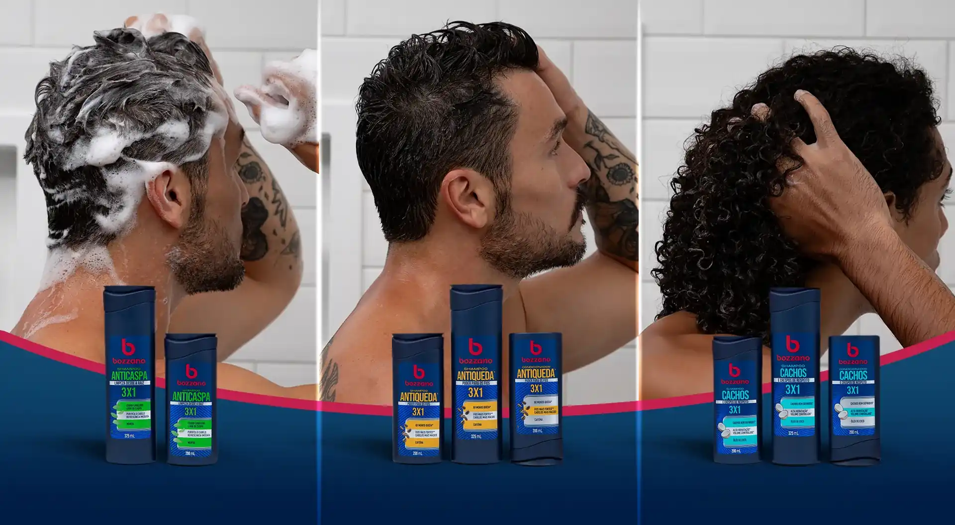 Montagem de modelos usando shampoos Bozzano: Anticaspa 3X1, Antiqueda 3X1 e Cachos 3X1, com frascos em destaque.