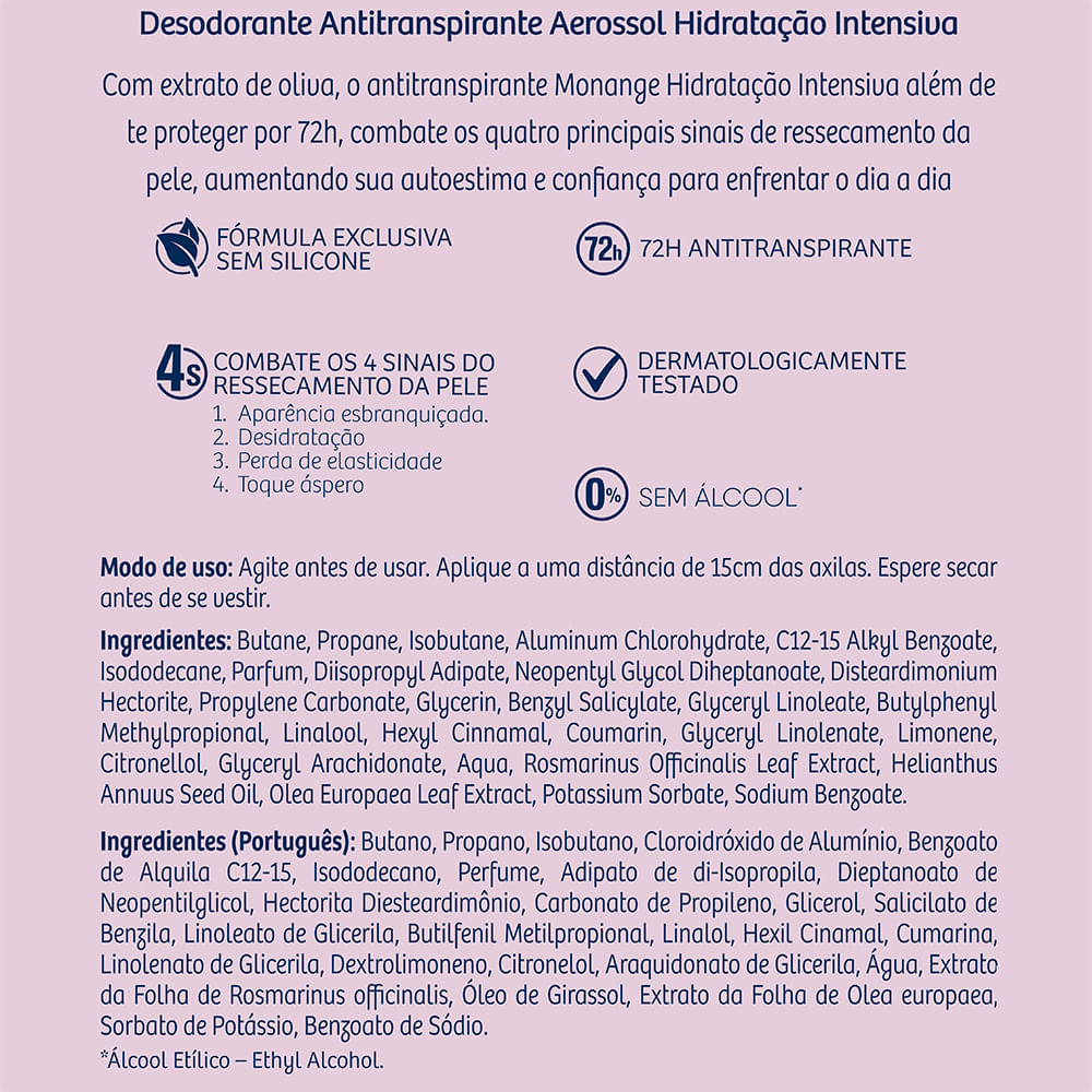 Desodorante Aerossol Antitranspirante Monange Feminino Hidratação Intensiva 150ml