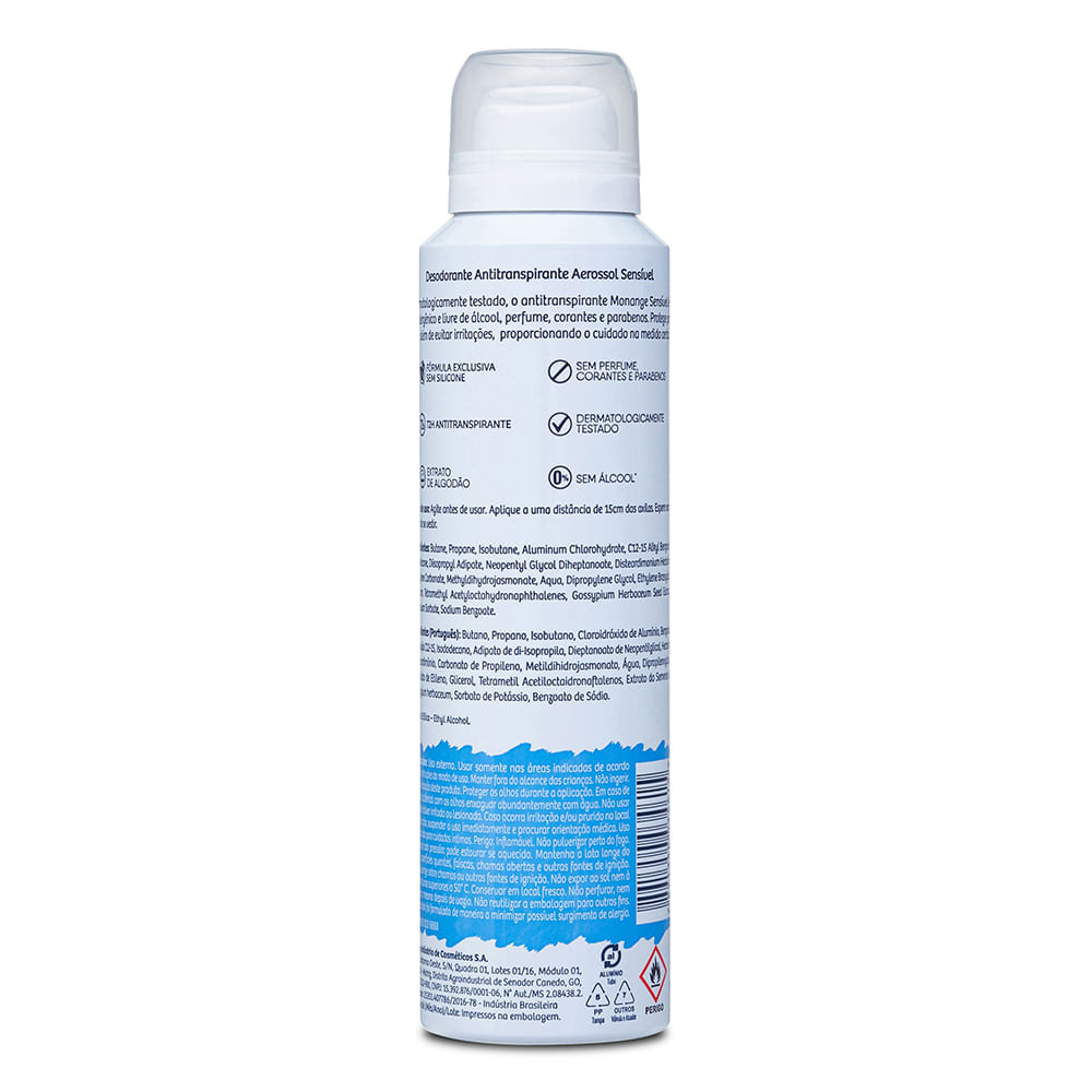 Desodorante Sem Perfume Aerossol Antitranspirante Monange Feminino Sensível 150ml