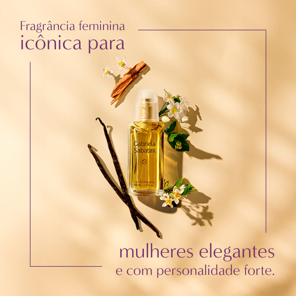 Frasco de perfume Gabriela Sabatini amarelo com favas de baunilha, canela e flores. Texto: 'icônica para mulheres elegantes'.