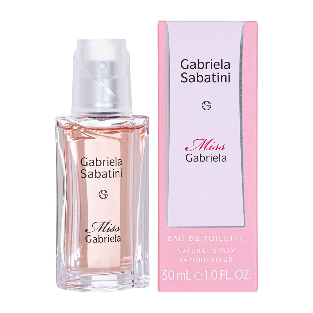 Perfume Miss Gabriela Sabatini 30ml, frasco com líquido rosa, ao lado de sua caixa rosa claro e branca.