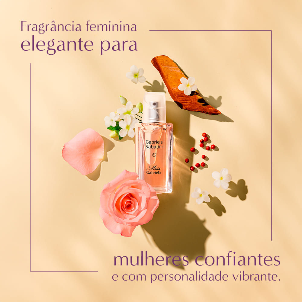 Perfume Miss Gabriela com rosa, pétala, flores e pimenta rosa. Texto: 'elegante para mulheres confiantes'.