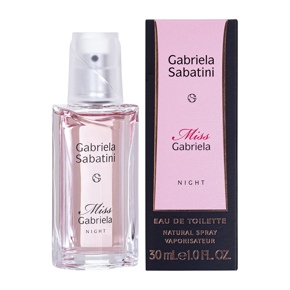Perfume Miss Gabriela Night 30ml, frasco com líquido rosa, ao lado de sua caixa rosa claro e preta