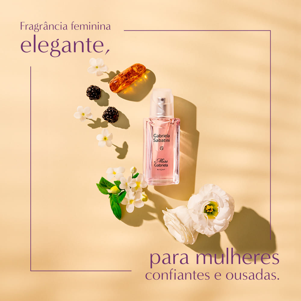 Perfume Miss Gabriela Night com amoras, âmbar e flores. Texto: 'fragrância elegante para mulheres confiantes'.