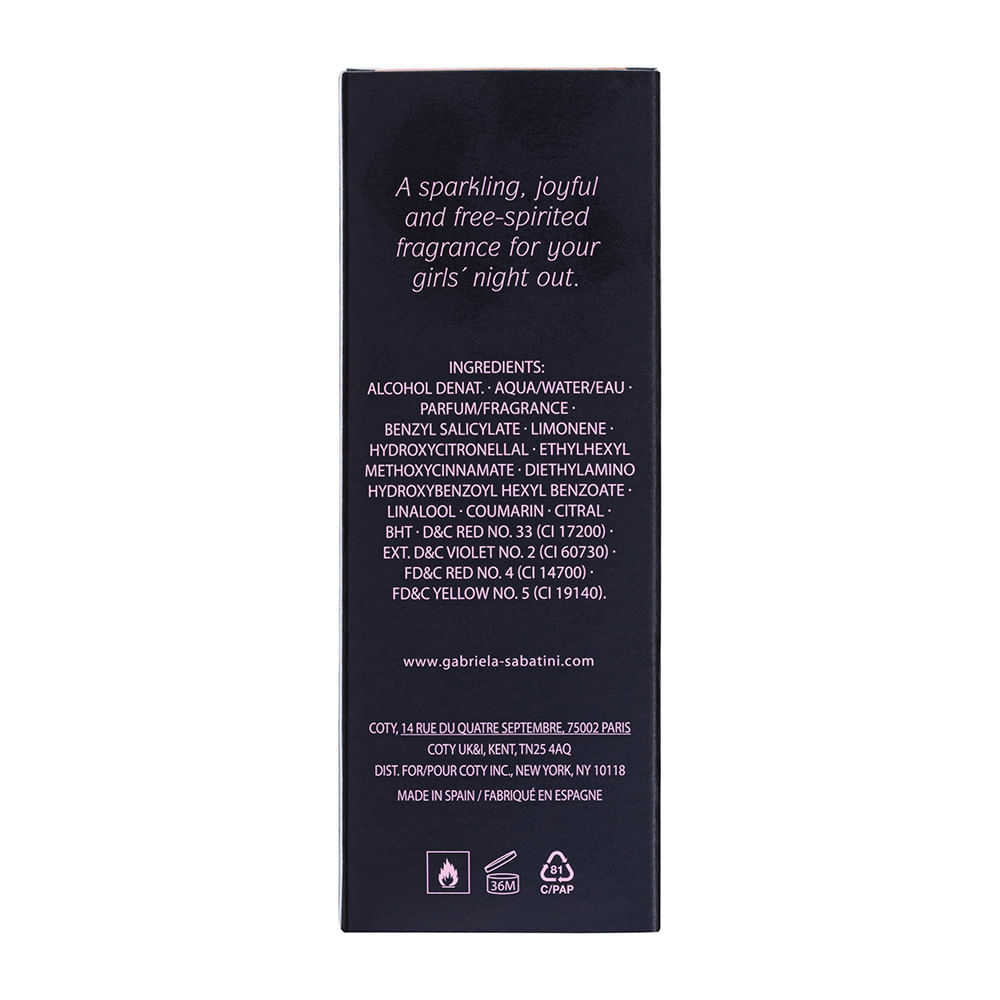 Verso da caixa preta do Miss Gabriela Night com descrição da fragrância, ingredientes e dados da Coty.