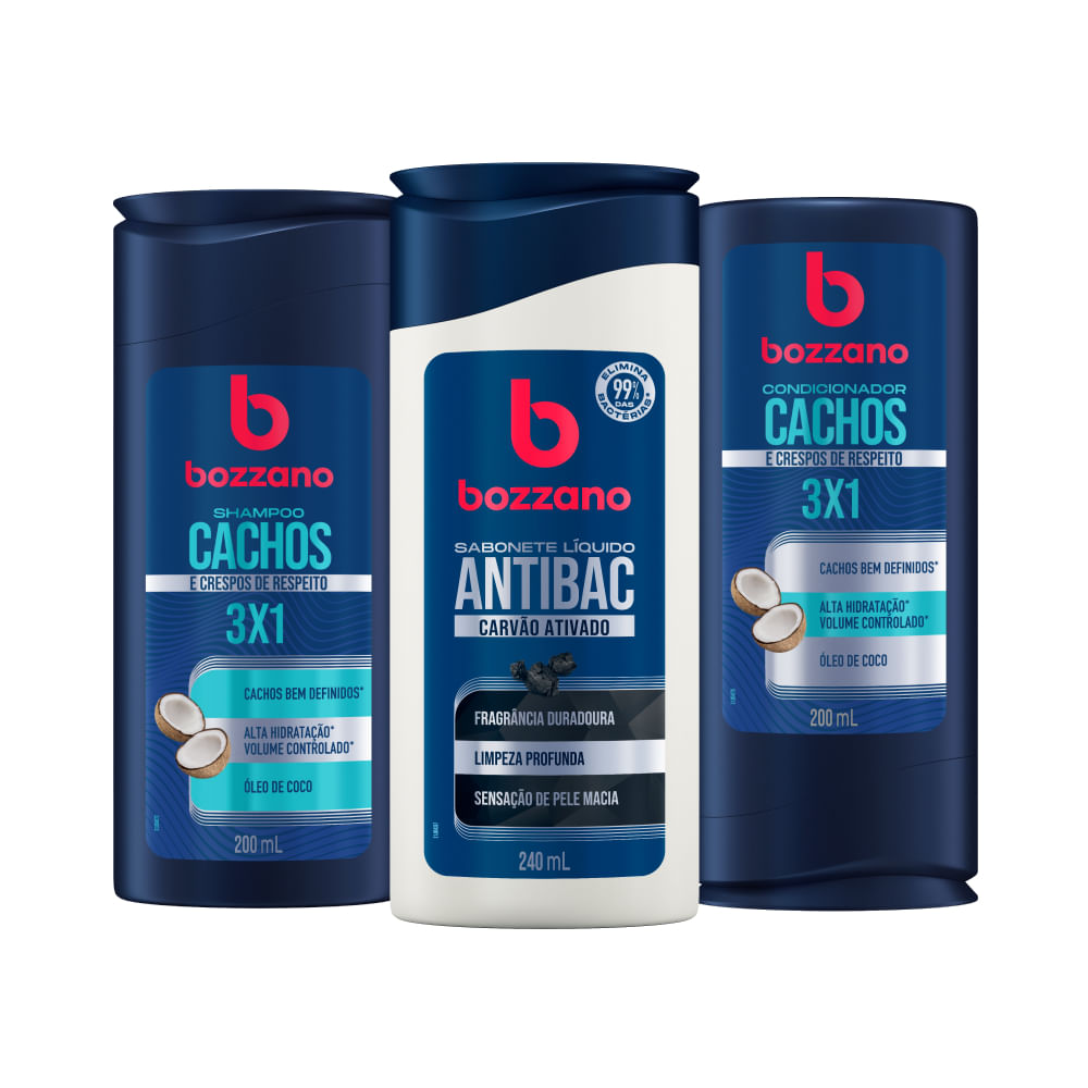 Kit Shampoo e Condicionador Cachos e Crespos 3x1 200ml + Sabonete Líquido Antibac Carvão Ativado 240ml Bozzano - 3 produtos