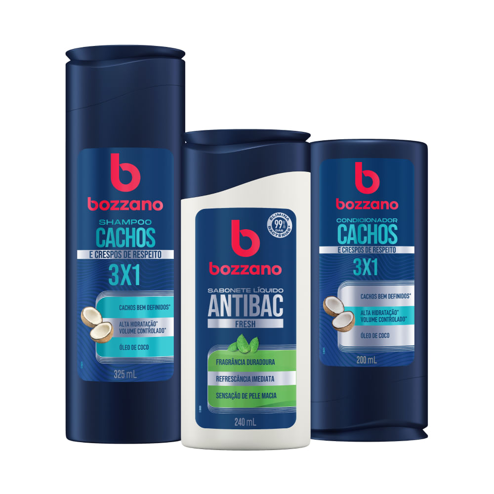 Kit Shampoo 325ml e Condicionador 200ml Cachos e Crespos 3x1 + Sabonete Líquido Antibac Fresh 240ml Bozzano  - 3 produtos