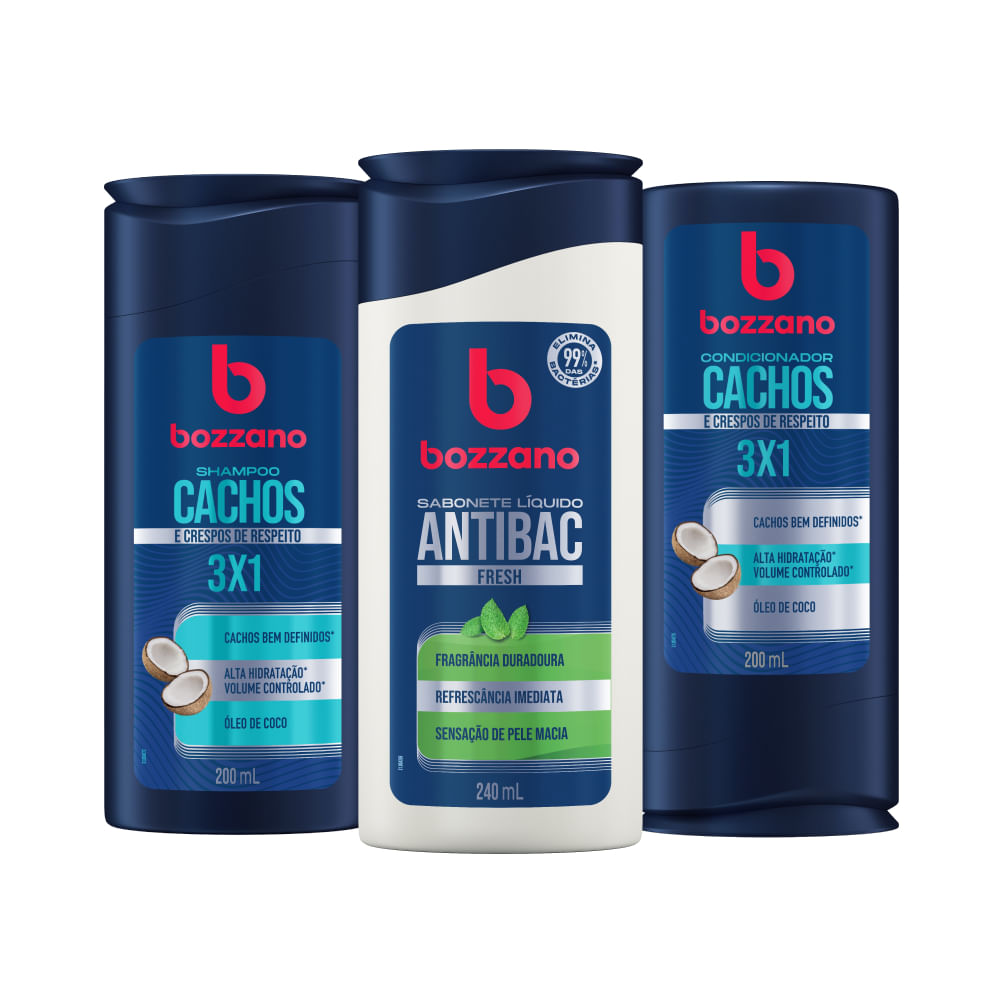 Kit Shampoo e Condicionador  Cachos e Crespos 3x1 200ml + Sabonete Líquido Antibac Fresh 240ml Bozzano - 3 produtos