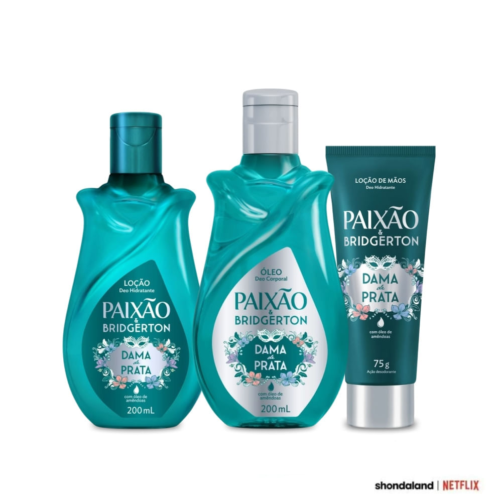 Kit Paixão & Bridgerton Dama de Prata: Óleo Corporal, Hidratante Corporal e Hidratante de Mãos com Ação Desodorante