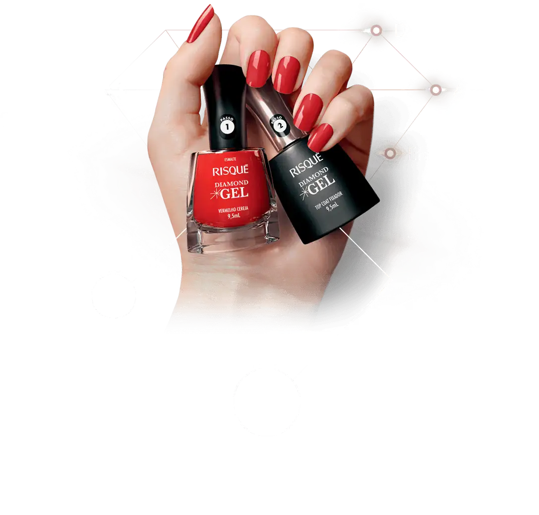 Infográfico Risqué Diamond Gel, unhas perfeitas em 2 passos: esmalte cor e top coat. Destaca durabilidade e brilho.